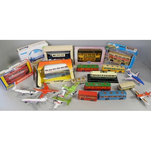 2127 - A collection of die-cast buses and aeroplanes, boxed and unboxed including Matchbox, Dinky and Corgi