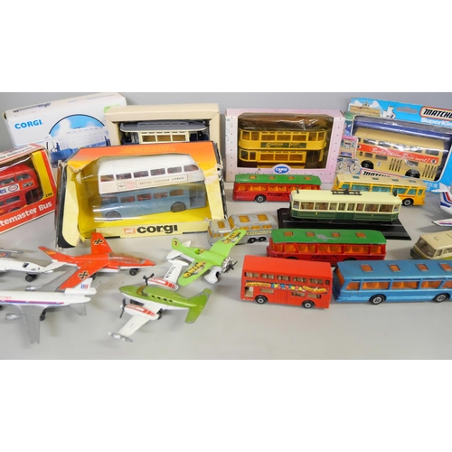 2127 - A collection of die-cast buses and aeroplanes, boxed and unboxed including Matchbox, Dinky and Corgi