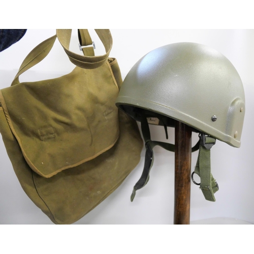 2139 - A British army helmet, Bosnia conflict, a beret, bone handled knife and a canvas bag *This lot Not A... 