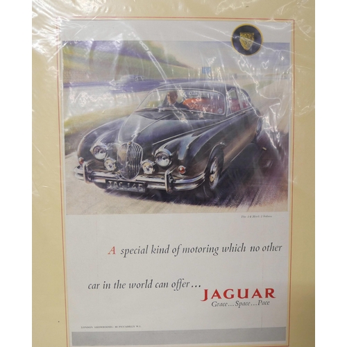 2148 - Three mounted advertising prints, two Jaguar and one Zodiac