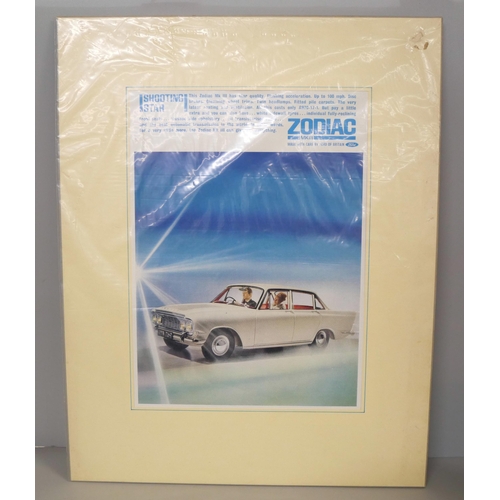 2148 - Three mounted advertising prints, two Jaguar and one Zodiac