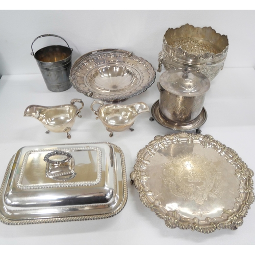 2150 - A collection of plated ware; salver, punch bowl, basket, ice bucket, tureen, pair of sauce boats and... 