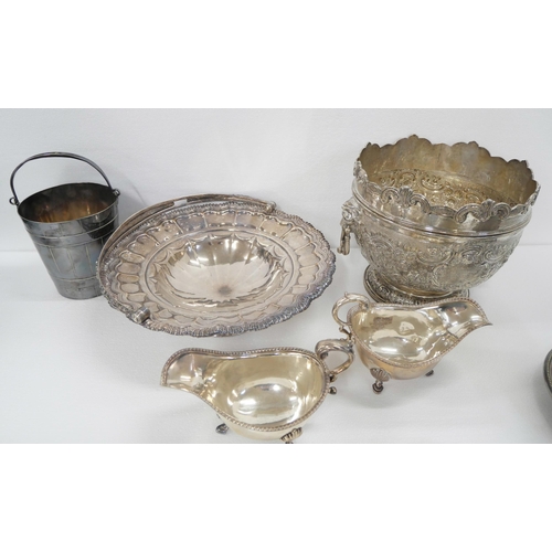 2150 - A collection of plated ware; salver, punch bowl, basket, ice bucket, tureen, pair of sauce boats and... 