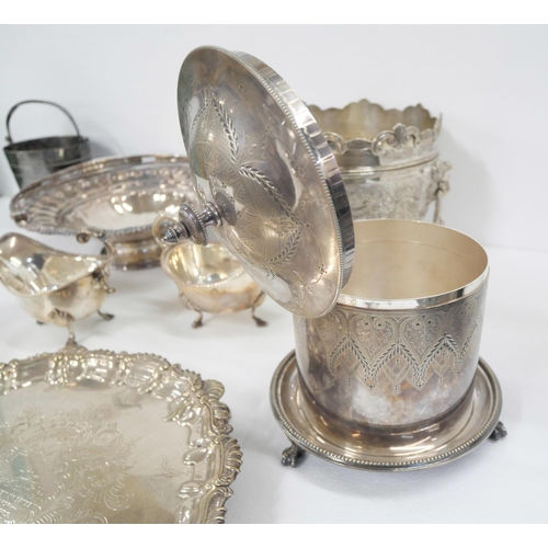 2150 - A collection of plated ware; salver, punch bowl, basket, ice bucket, tureen, pair of sauce boats and... 