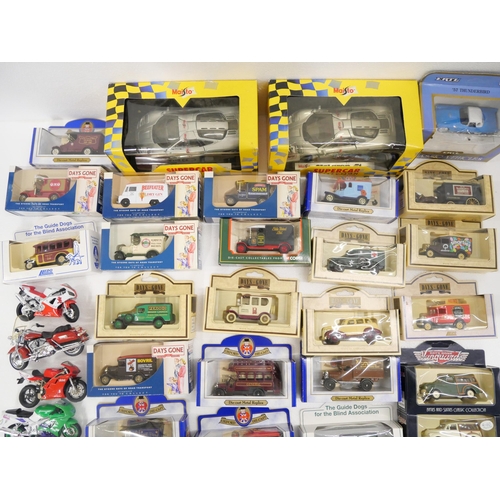 2153 - A box of die-cast model vehicles, Days Gone, Corgi, Shell, etc., boxed and loose motorcycles