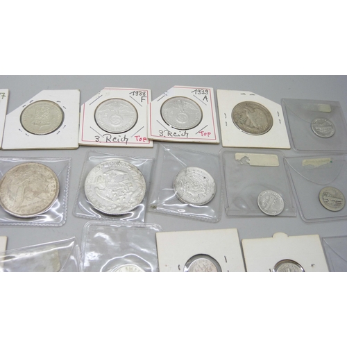 2172 - Coins; a box of worldwide silver coinage