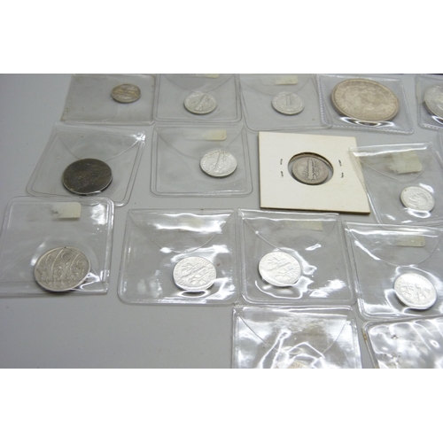 2172 - Coins; a box of worldwide silver coinage