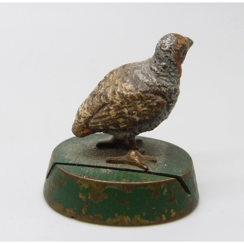 2173 - A Bergman Austrian cold painted bronze menu holder in the form of a grouse, circa 1900