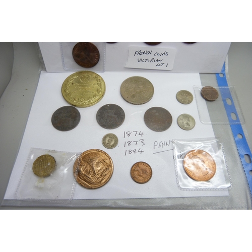 2175 - A collection of coins, 1953 Coronation, 5 shillings, 19th Century UK and French coins, etc.