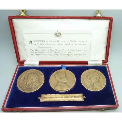 2178 - The Three British Kings of 1936, a 3-medal set each 51mm diameter in bronze: King George V Silver Ju... 