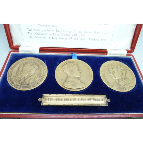 2178 - The Three British Kings of 1936, a 3-medal set each 51mm diameter in bronze: King George V Silver Ju... 