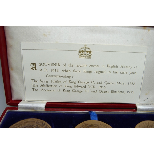 2178 - The Three British Kings of 1936, a 3-medal set each 51mm diameter in bronze: King George V Silver Ju... 