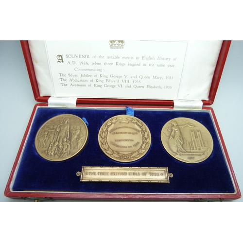 2178 - The Three British Kings of 1936, a 3-medal set each 51mm diameter in bronze: King George V Silver Ju... 