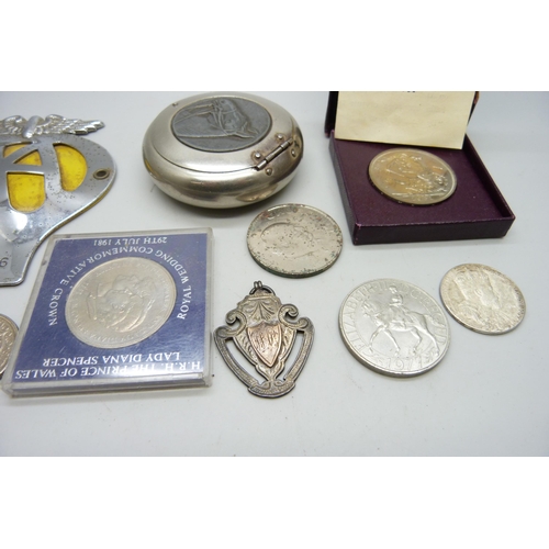 2180 - A silver fob medal, coins including two 1928 half-crowns, a 'squeeze' tobacco box with horse detail ... 