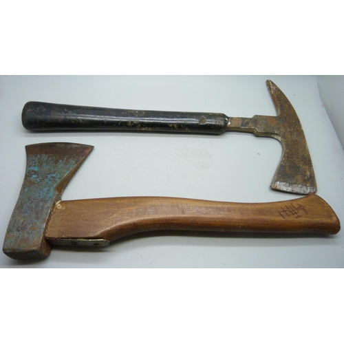 2196 - A World War II German soldier's axe and a World War II British fireman's axe *This lot Not Available... 