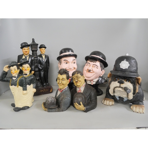 2224 - A collection of Laurel and Hardy figures and a model bulldog