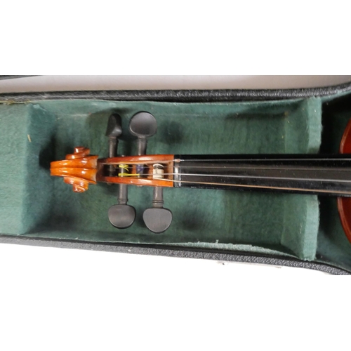 2226 - A Chinese student violin and bow, cased, length of back 36cm