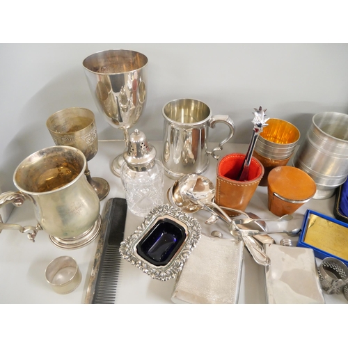 2237 - A box of plated ware, etc., mugs, goblets, hip flasks, flatware, stirrup cups