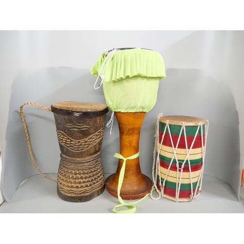 2243 - Three vintage drums including carved African, Indian and colourful Dholalc