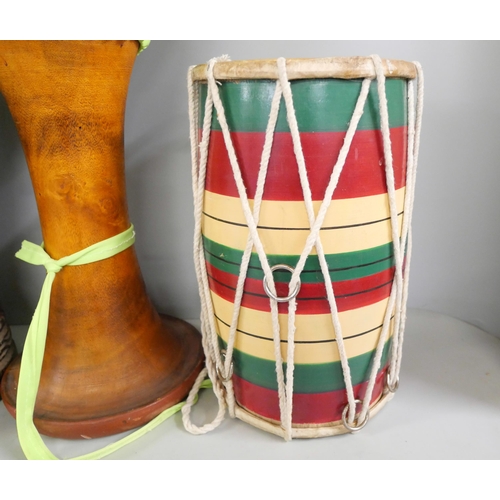 2243 - Three vintage drums including carved African, Indian and colourful Dholalc