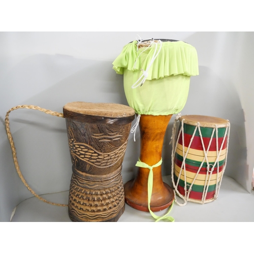 2243 - Three vintage drums including carved African, Indian and colourful Dholalc