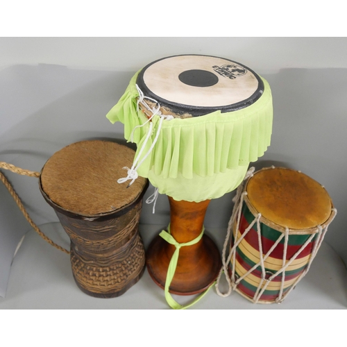 2243 - Three vintage drums including carved African, Indian and colourful Dholalc