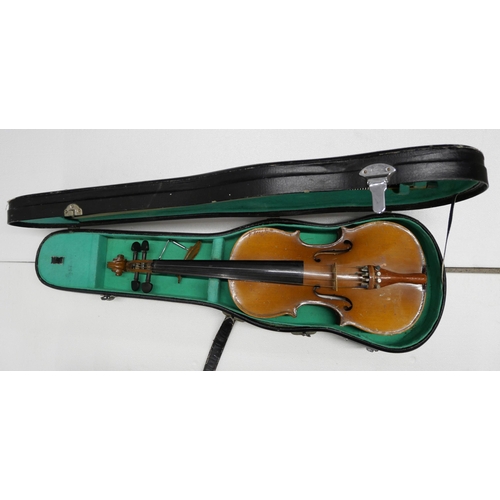 2269 - Two Chinese student violins, both cased, one lacking a bow