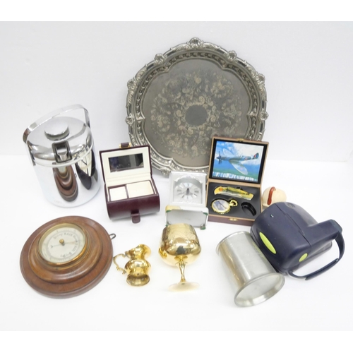 2282 - A box of household items including a Polaroid camera, clock, plated tray, ice bucket and tongs  **PL... 