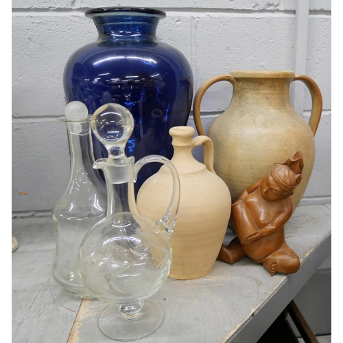 2284 - A collection of vases, glass and pottery including a studio vase by P Simpson and assorted plated it... 