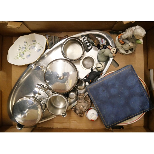 2286 - An Old Hall stainless steel chrome tea service, tray, salt and pepper, tea strainer, assorted animal... 