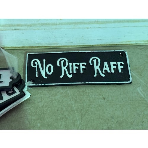 5202 - 4 Mini cast metal plaques including No Riff Raff, Man Cave, The Gin Bar and Bath Room* This lot is s... 