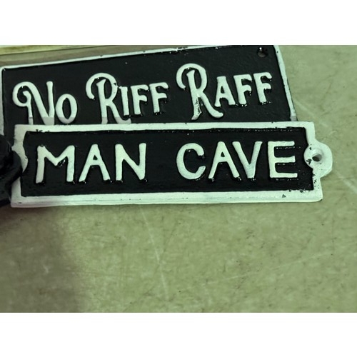 5202 - 4 Mini cast metal plaques including No Riff Raff, Man Cave, The Gin Bar and Bath Room* This lot is s... 