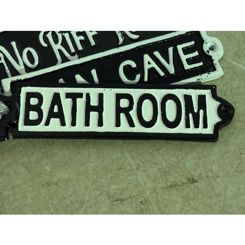 5202 - 4 Mini cast metal plaques including No Riff Raff, Man Cave, The Gin Bar and Bath Room* This lot is s... 