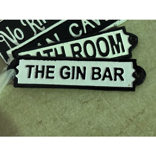 5202 - 4 Mini cast metal plaques including No Riff Raff, Man Cave, The Gin Bar and Bath Room* This lot is s... 