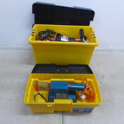 5054 - 2 yellow tool boxes, items include Challenge angle grinder (MAGS283 with Spare blades, manual and sp... 