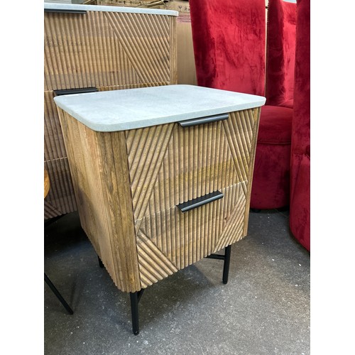 3220 - A mango wood 2 drawer side table with marble top  *This lot is subject to Vat