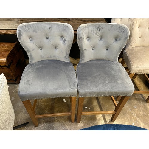 3230 - A pair of grey velvet Chennai bar stools (Damaged needs attention) *This lot is subject to Vat