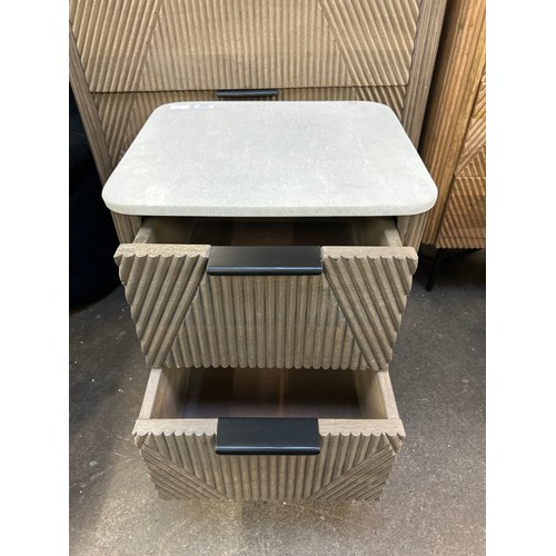 3223 - A grey mango wood 2 drawer side table with marble top  *This lot is subject to Vat