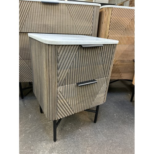 3223 - A grey mango wood 2 drawer side table with marble top  *This lot is subject to Vat