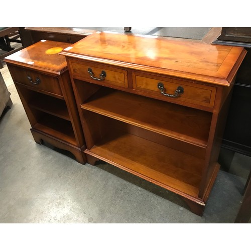 231 - A Regency style yew wood two drawer bookcase and bedside table