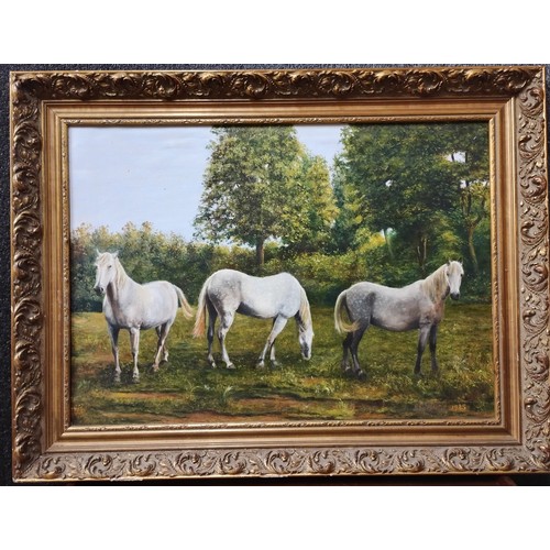 365 - English School, study of three horses, oil on canvas, indistinctly signed, framed