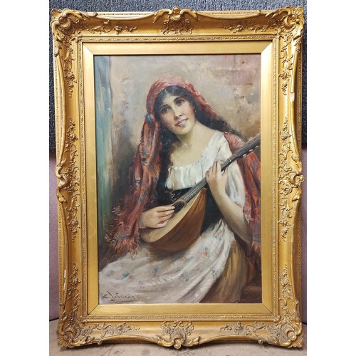 367 - William Joseph Carroll, Italian lady playing mandolin, oil on canvas, framed