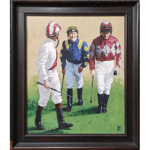 371 - Bryan Evans, study of Jockeys, oil on board, framed