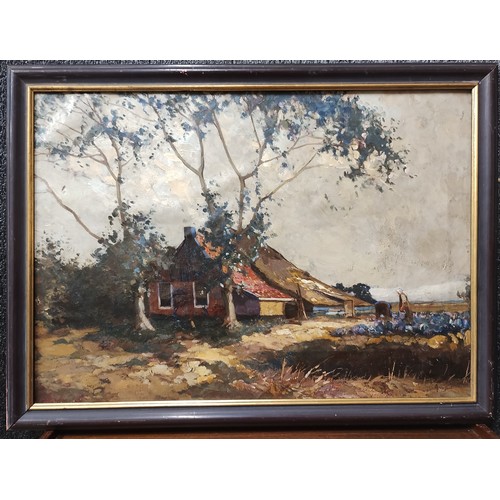 373 - Dutch School, Impressionist landscape with farmstead, oil on canvas, indistinctly signed, framed