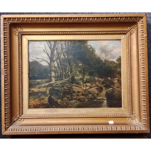 377 - J. Syer, Welsh river valley landscape, with boy fishing, oil on canvas, framed