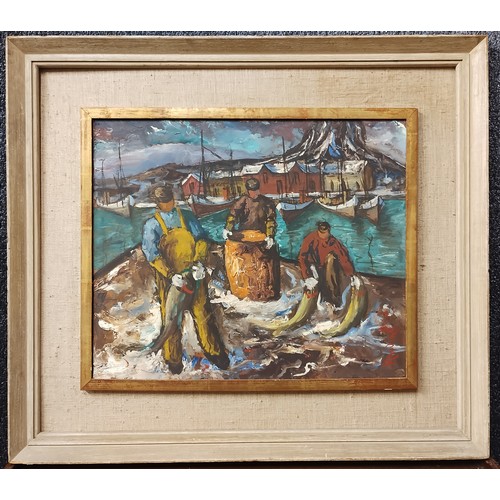 378 - * Rhodin, Northern European fishing quay, oil on board, framed