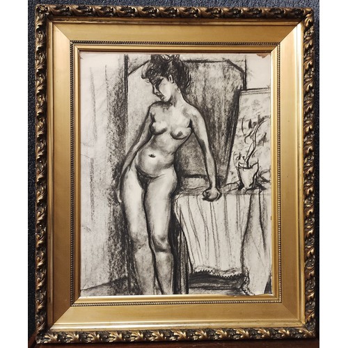 368 - French Modernist School, female nude, charcoal on paper laid on board, framed