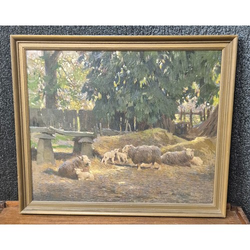 363B - Fred Hall (1860-1948), landscape with sheep and lambs in a yard, oil on canvas, signed lower right, ... 