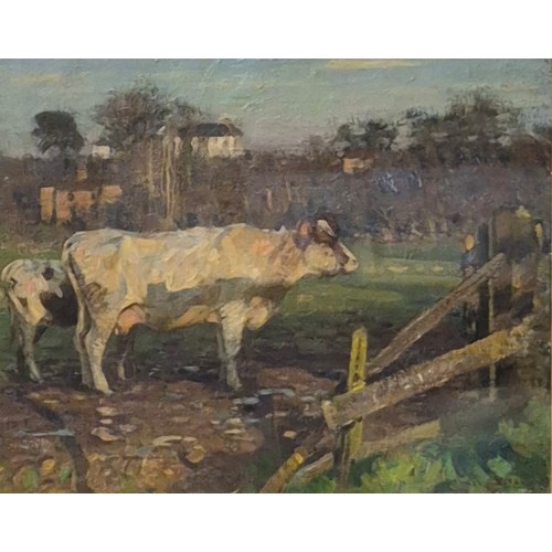 363 - Sir John Alfred Arnesby Brown R.A. (1866-1955), rural landscape with cattle by a gate, oil on canvas... 