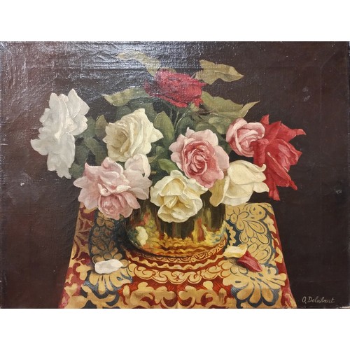 391 - O. Delabaut, still life of flowers, oil on canvas, dated 1932, unframed